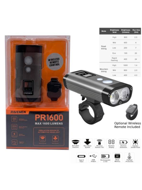 RAVEMEN PR1600 | Luz Delantera LED de 1600 Lúmenes con Control Remoto Inalámbrico - Iluminación Profesional para Ciclismo