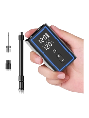Mini inflador eléctrico GES con pantalla digital y accesorios de inflado.