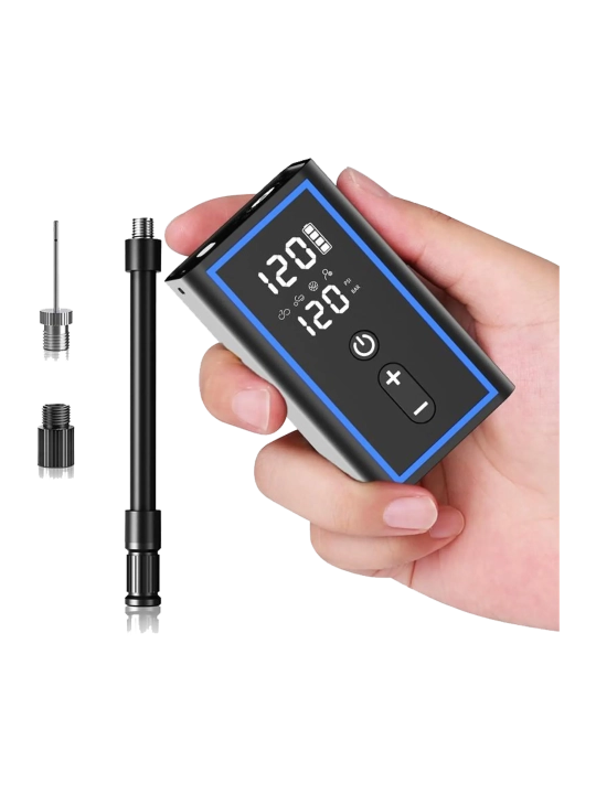 Mini inflador eléctrico GES con pantalla digital y accesorios de inflado.
