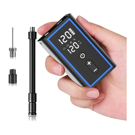 Mini inflador eléctrico GES con pantalla digital y accesorios de inflado.
