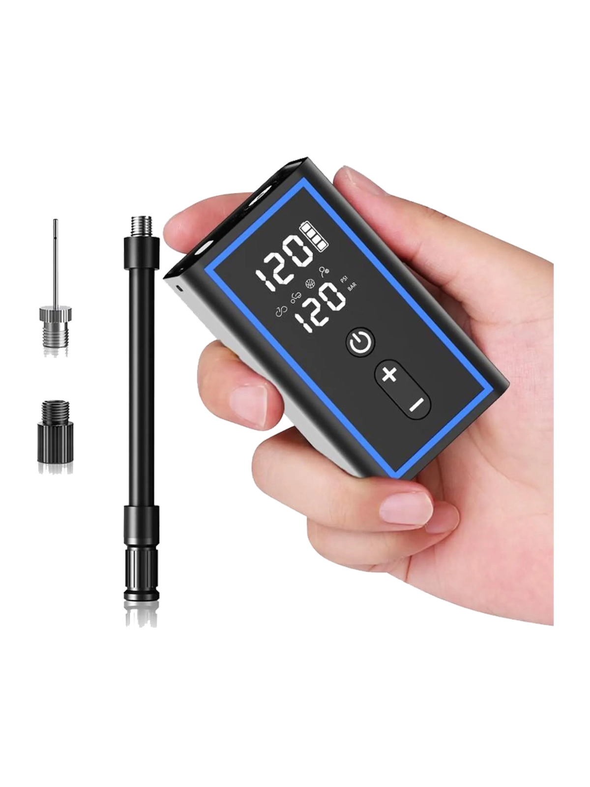 Mini inflador eléctrico GES con pantalla digital y accesorios de inflado.